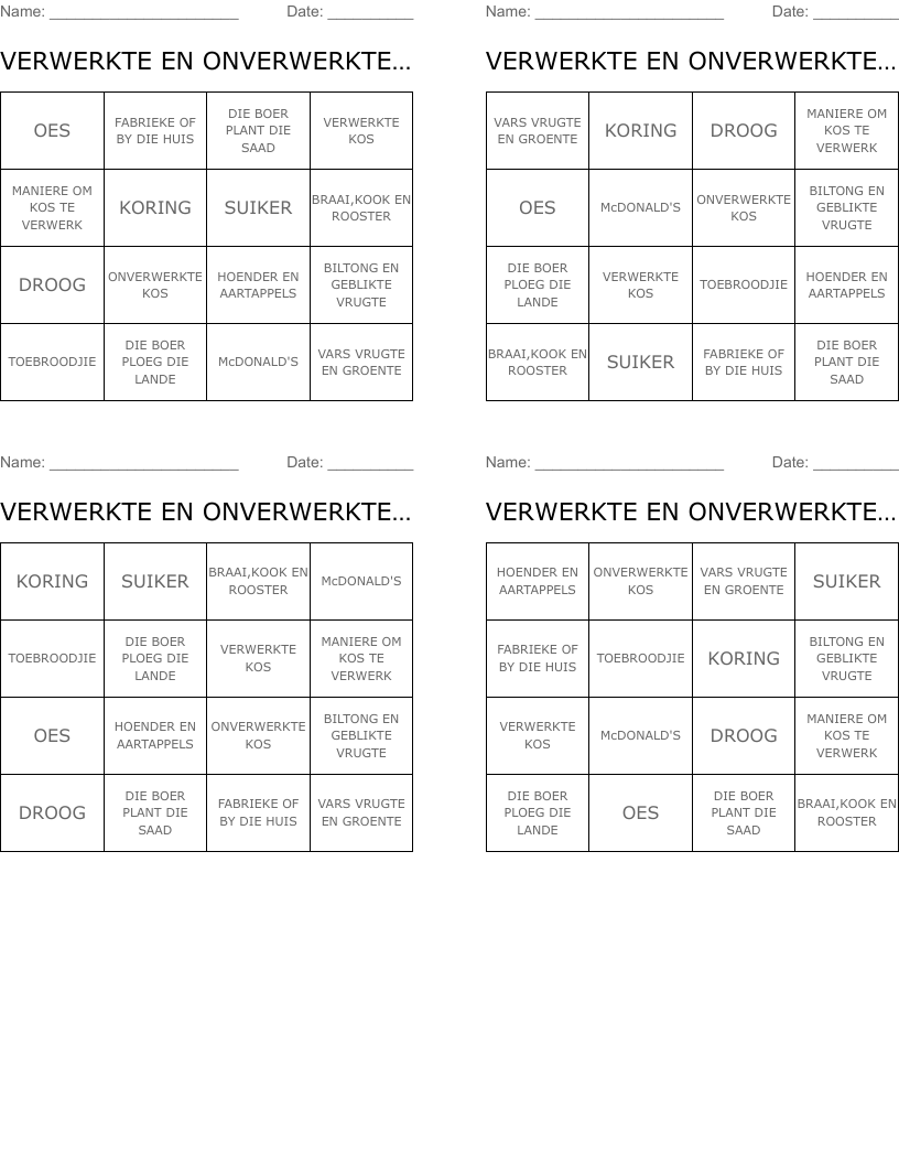 VERWERKTE EN ONVERWERKTE KOSSE Bingo Cards