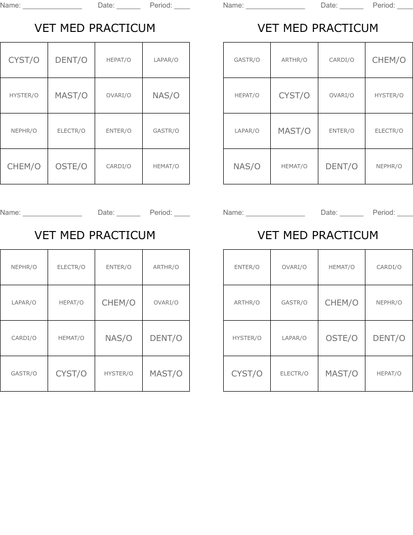 VET MED PRACTICUM Bingo Cards
