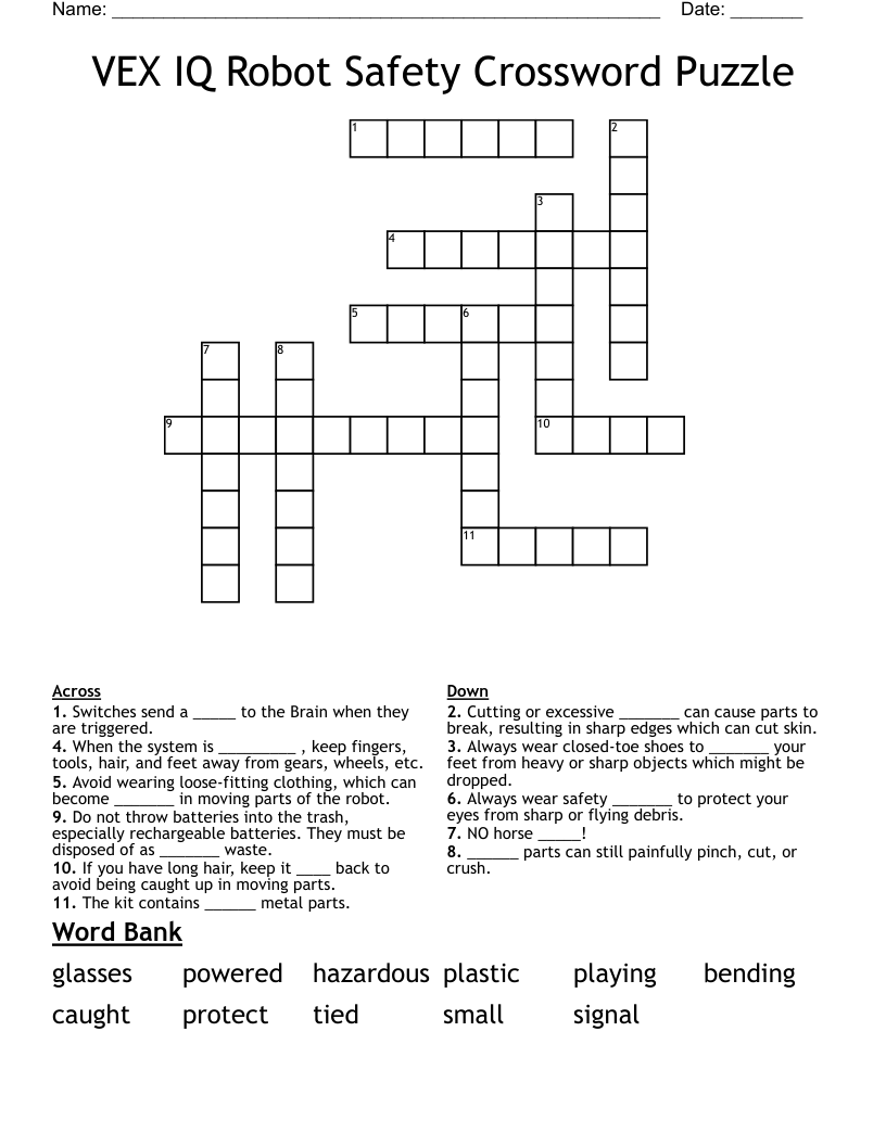 VEX IQ Robot Safety Crossword Puzzle