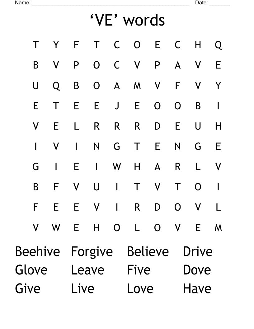 ‘VE’ words Word Search