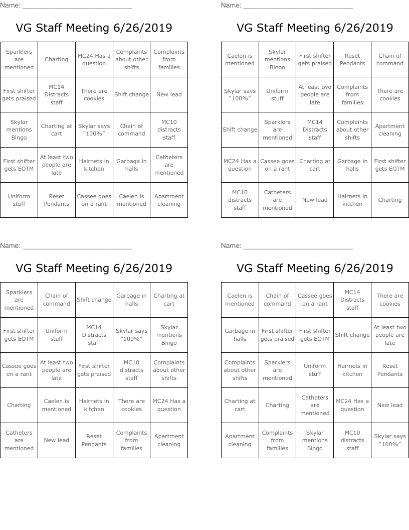 VG Staff Meeting 6/26/2019 Bingo Cards