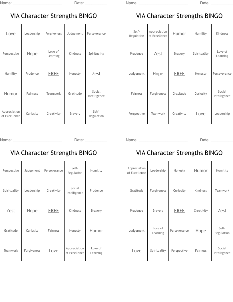 VIA Character Strengths BINGO