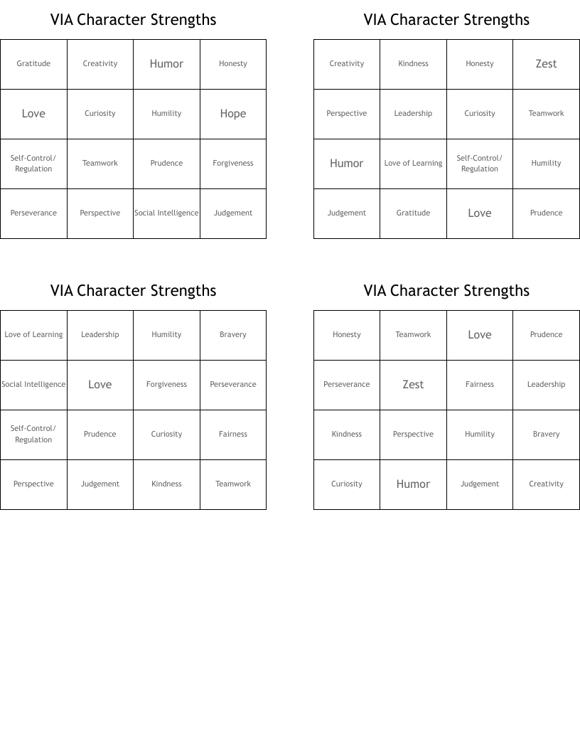 VIA Character Strengths  Bingo Cards
