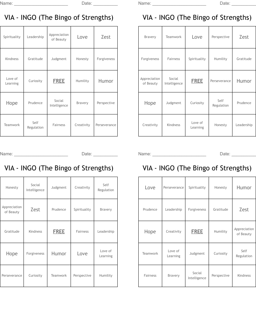 VIA - INGO (The Bingo of Strengths)