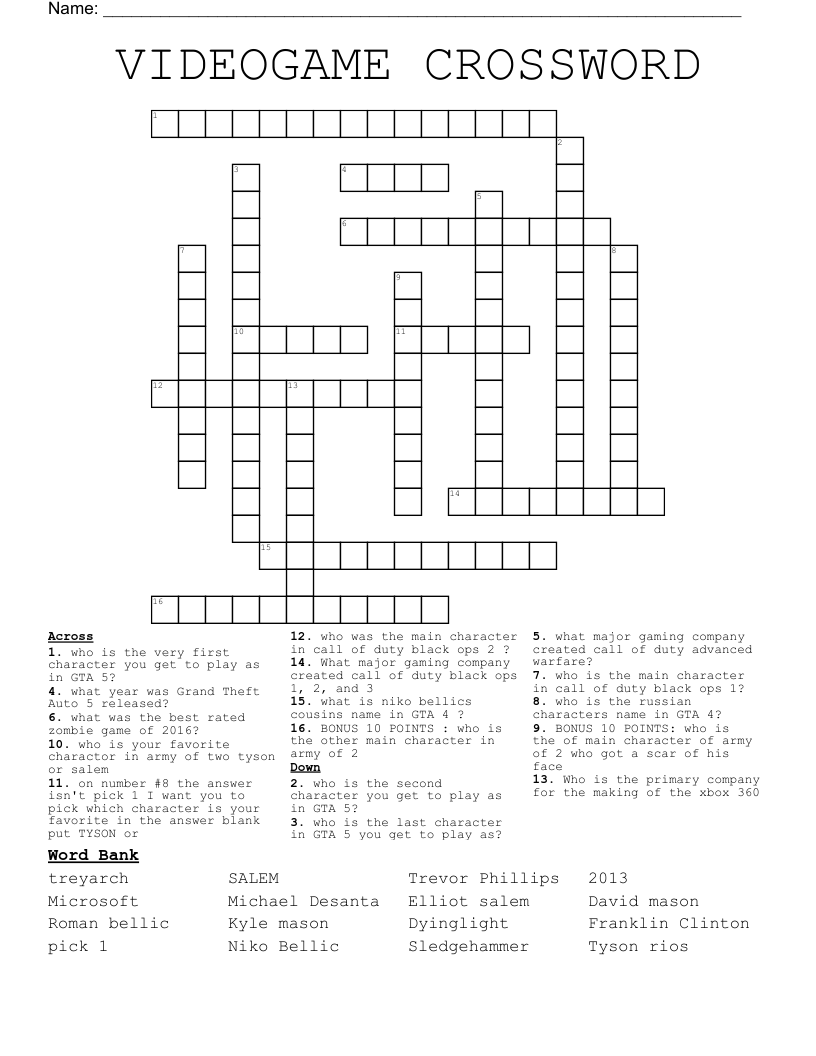 VIDEOGAME CROSSWORD