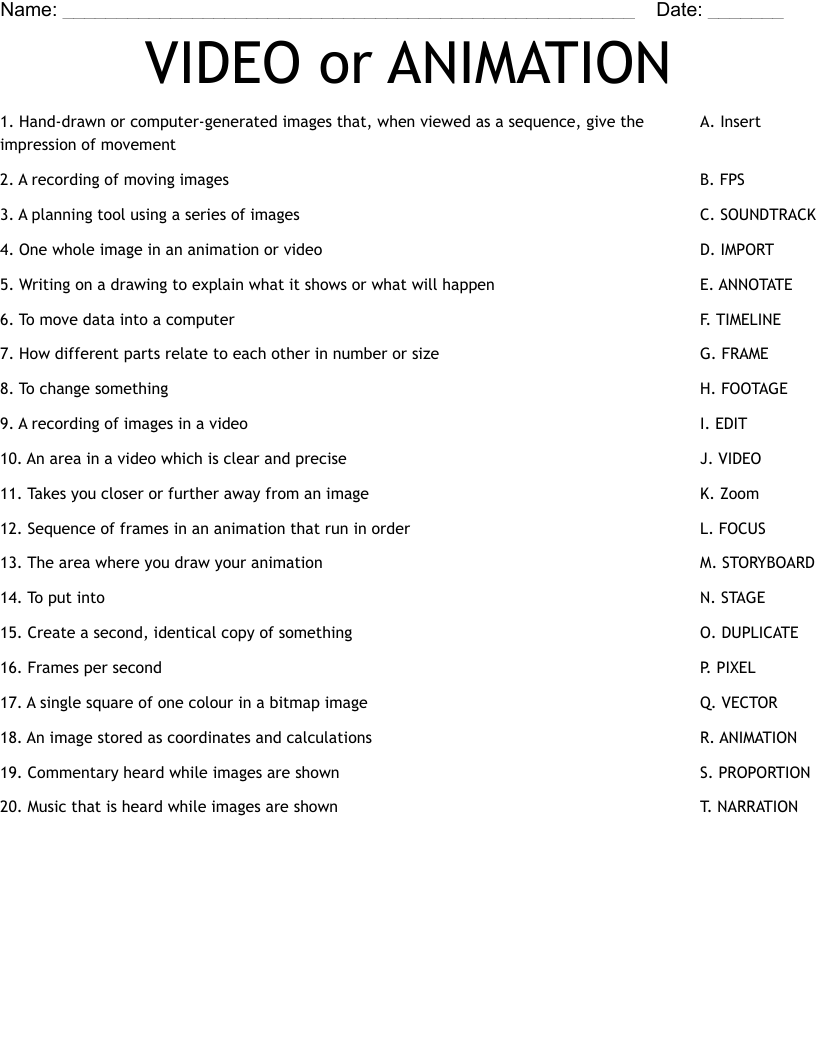 VIDEO or ANIMATION Worksheet
