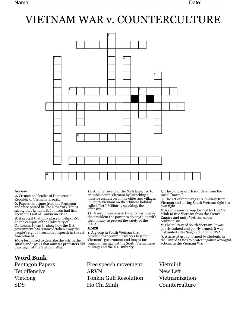 VIETNAM WAR v. COUNTERCULTURE Crossword