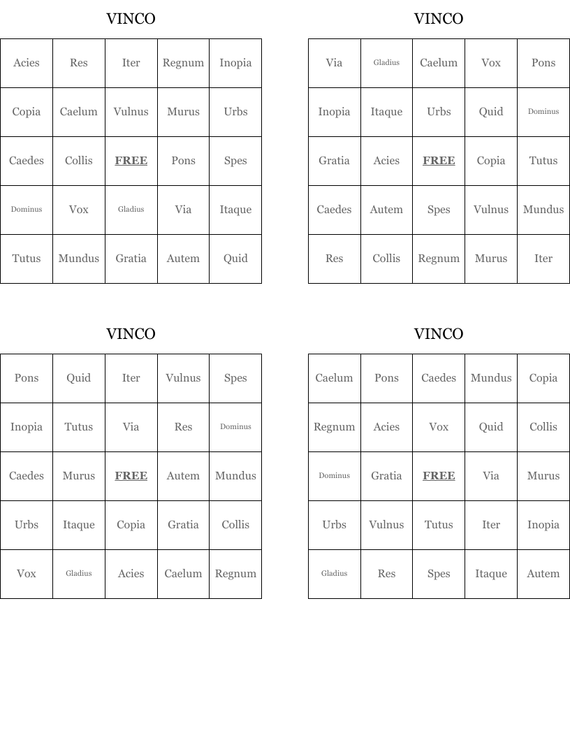 VINCO Bingo Cards
