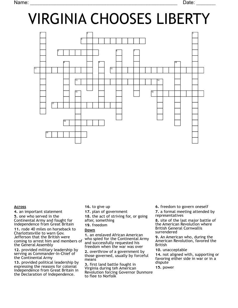VIRGINIA CHOOSES LIBERTY Crossword