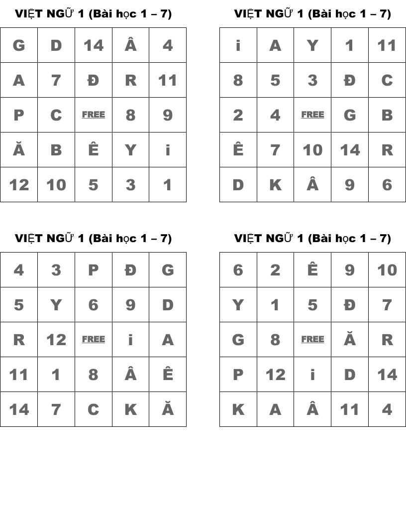 VIỆT NGỮ 1 (Bài học 1 – 7)  Bingo Cards