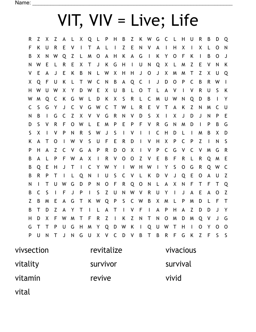VIT, VIV = Live; Life Word Search