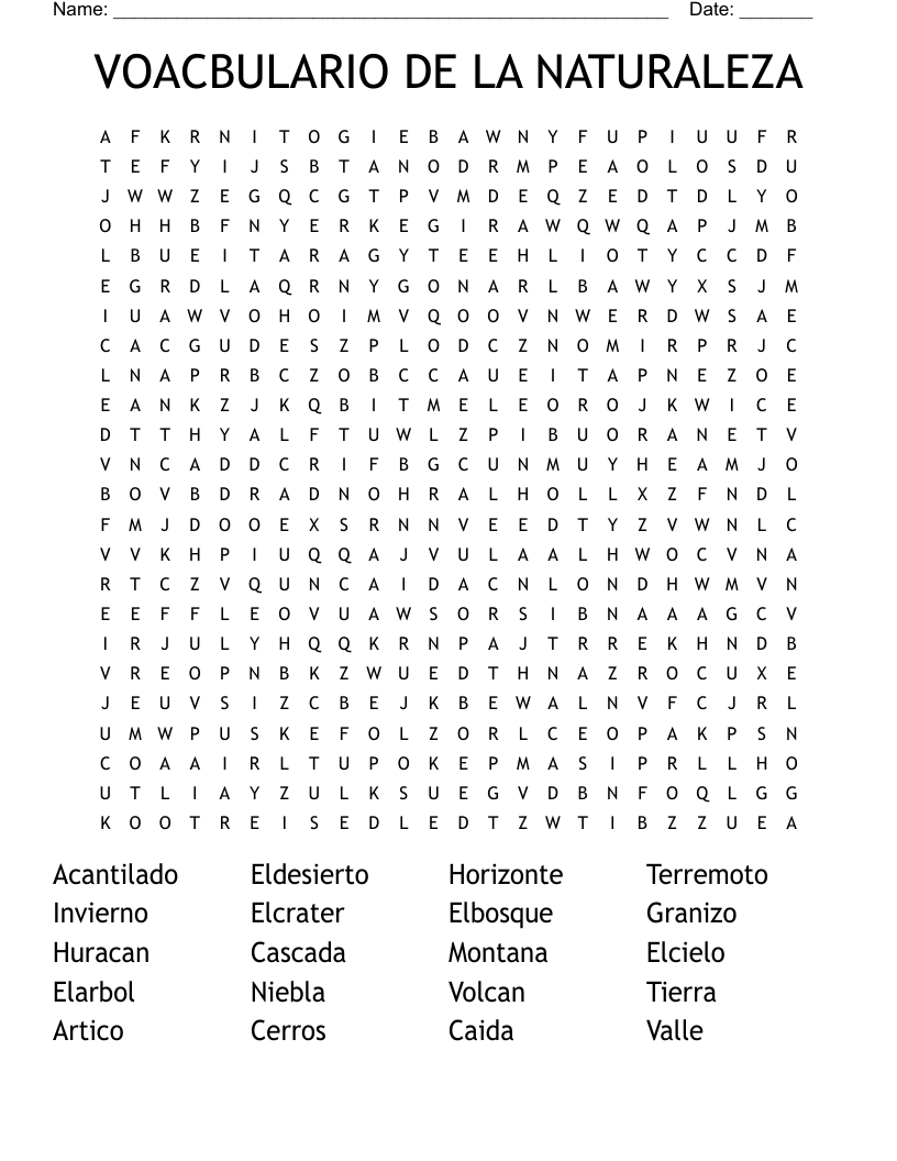 VOACBULARIO DE LA NATURALEZA Word Search