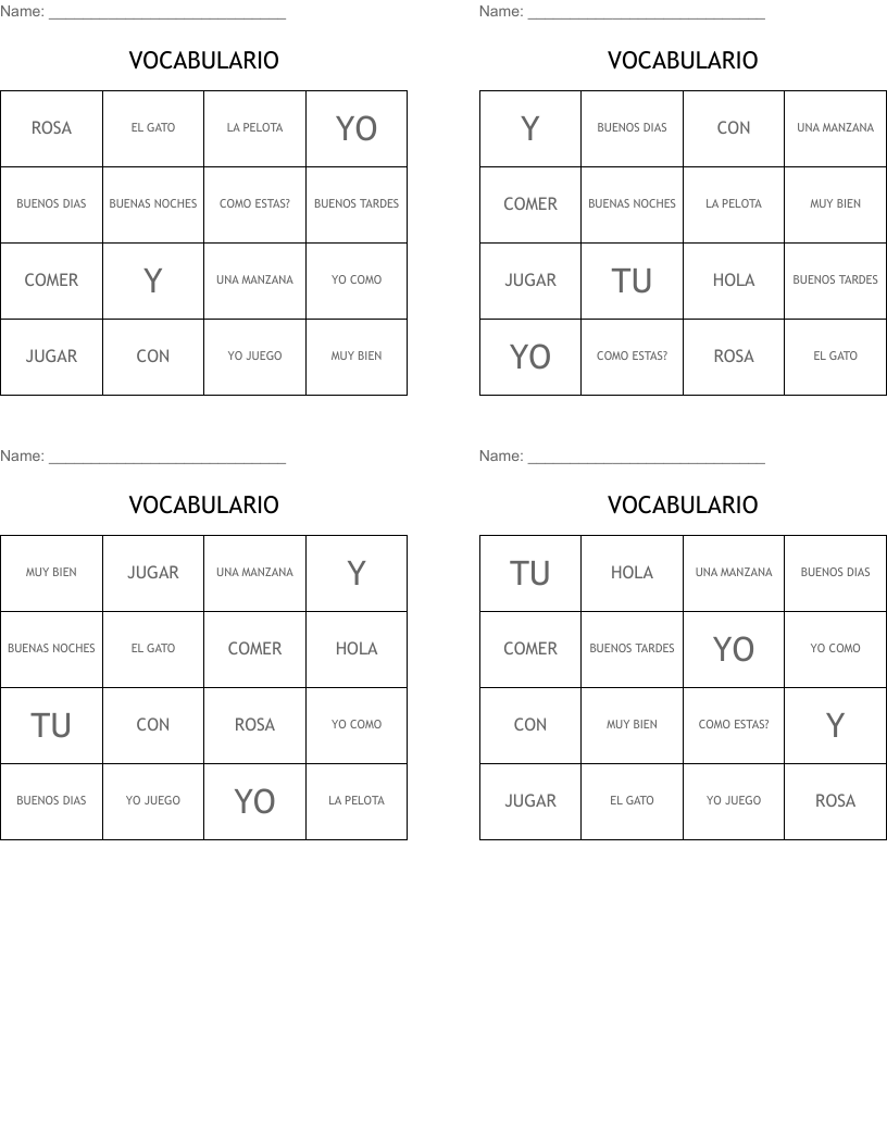 VOCABULARIO Bingo Cards