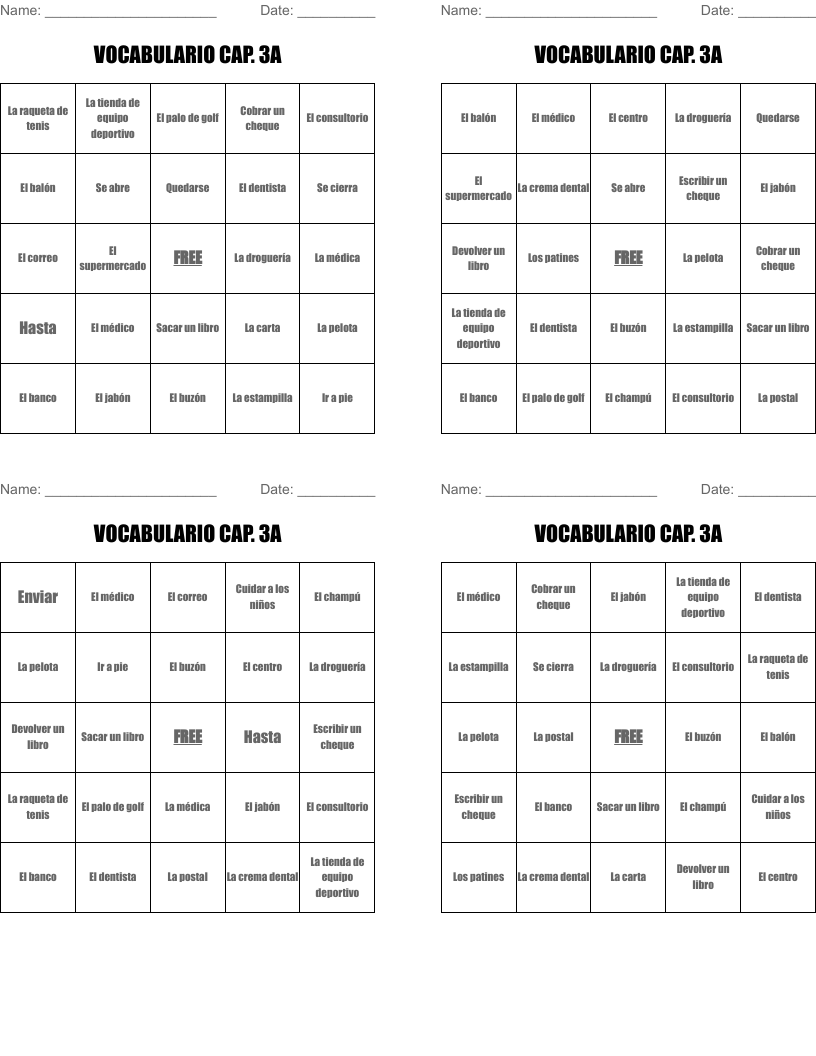 VOCABULARIO CAP. 3A Bingo Cards