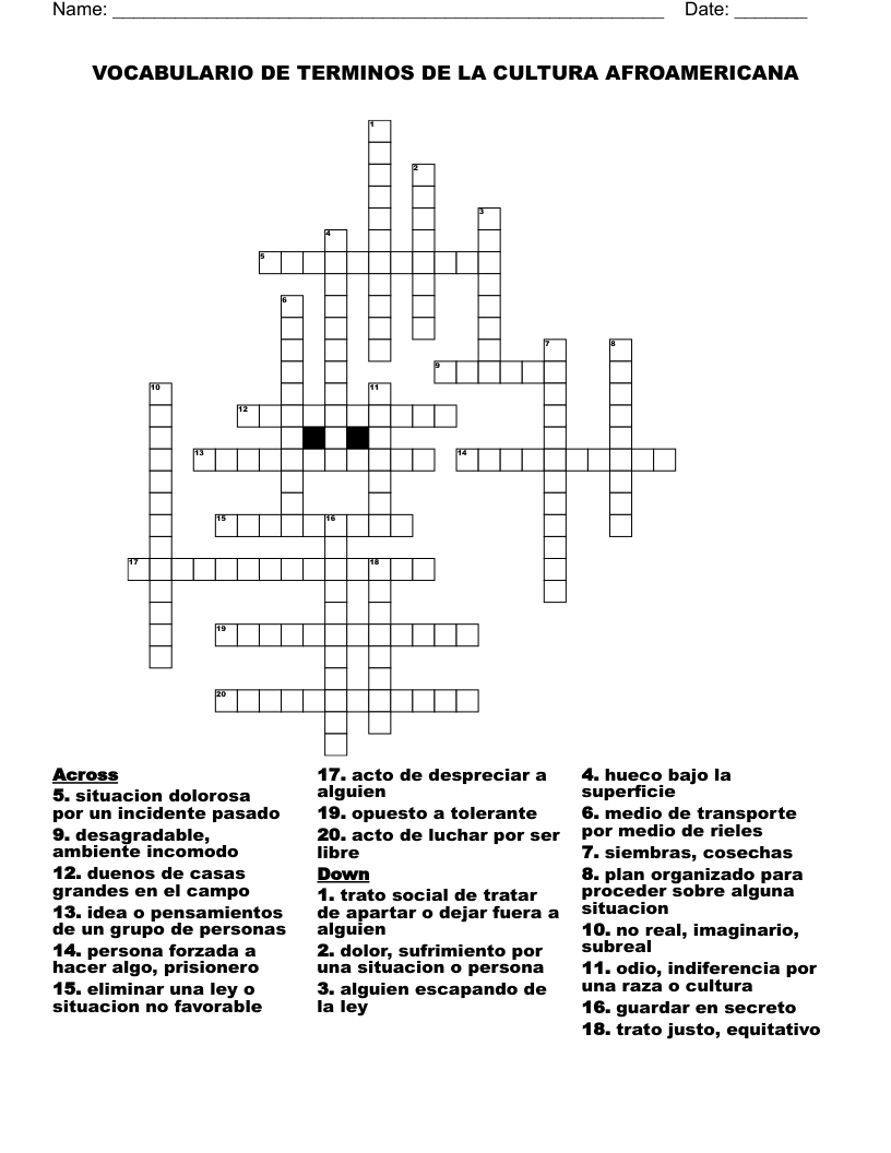 VOCABULARIO DE TERMINOS DE LA CULTURA AFROAMERICANA Crossword