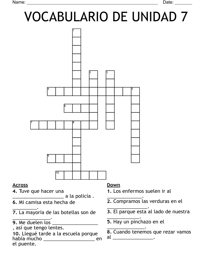 VOCABULARIO DE UNIDAD 7 Crossword