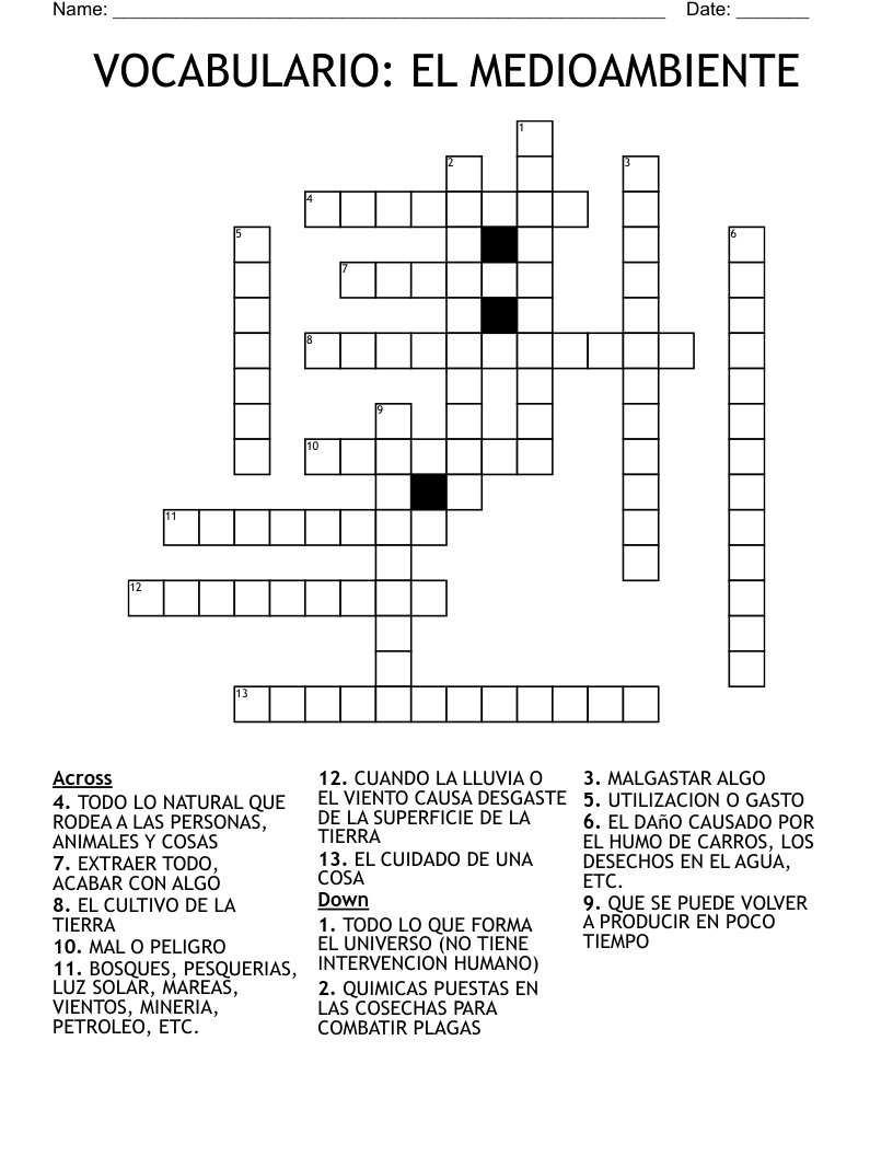 VOCABULARIO: EL MEDIOAMBIENTE Crossword