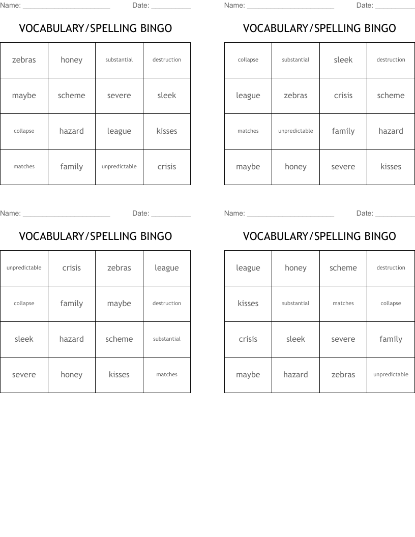 VOCABULARY/SPELLING BINGO