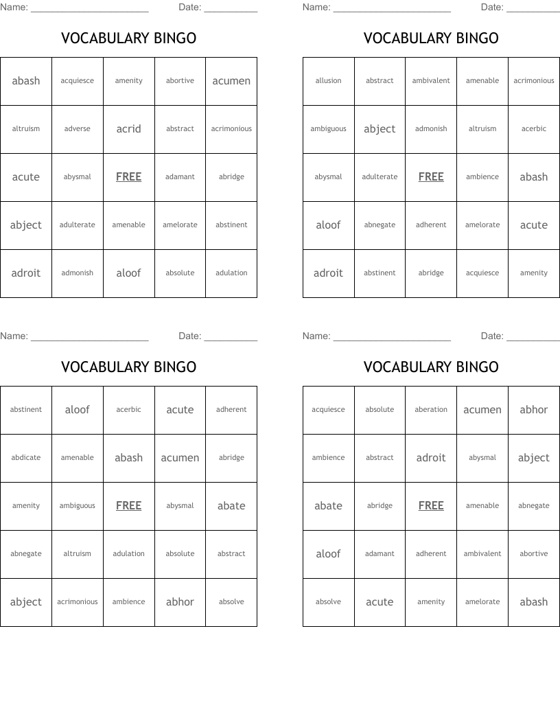 VOCABULARY BINGO