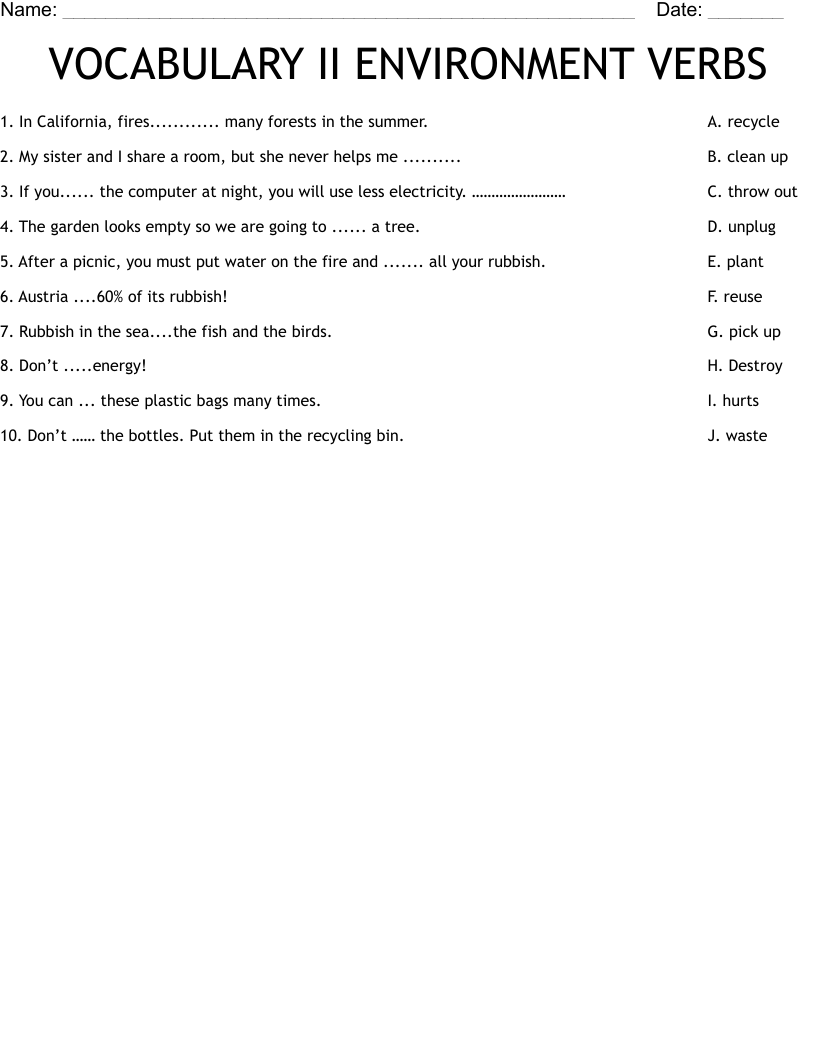 VOCABULARY II ENVIRONMENT VERBS  Worksheet