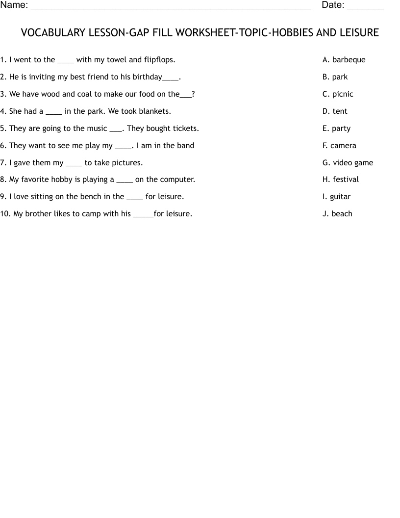 VOCABULARY LESSON-GAP FILL WORKSHEET-TOPIC-HOBBIES AND LEISURE