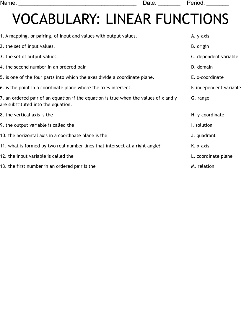 VOCABULARY: LINEAR FUNCTIONS Worksheet