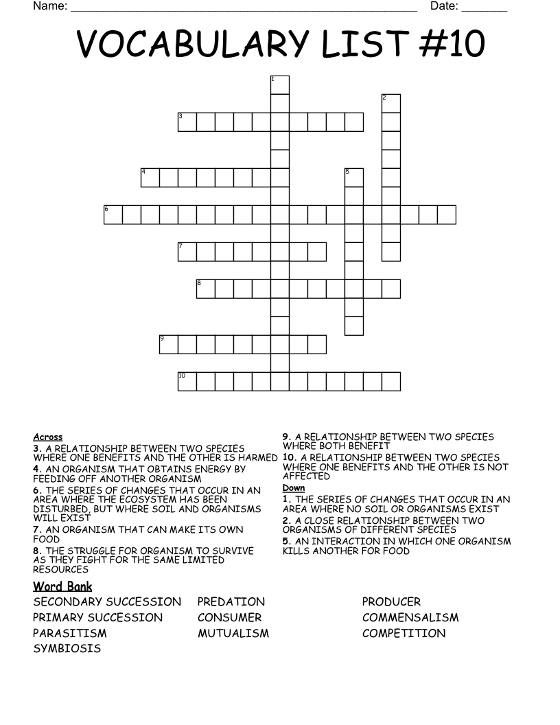 VOCABULARY LIST #10 Crossword