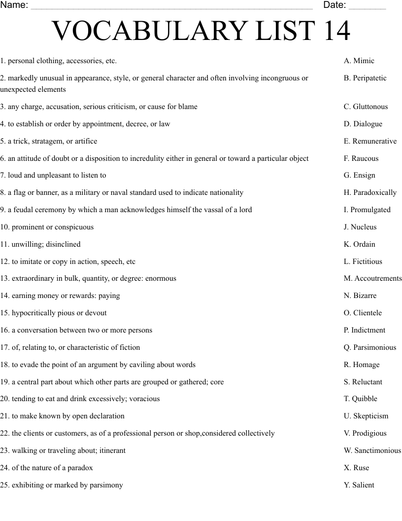 VOCABULARY LIST 14 Worksheet