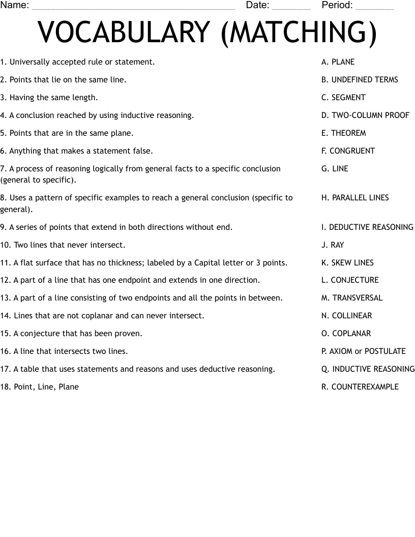 VOCABULARY (MATCHING) Worksheet