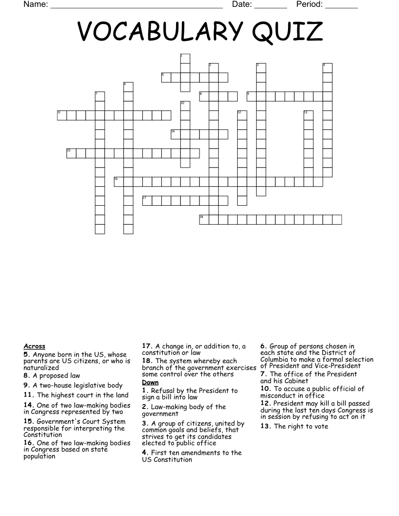 VOCABULARY QUIZ Crossword