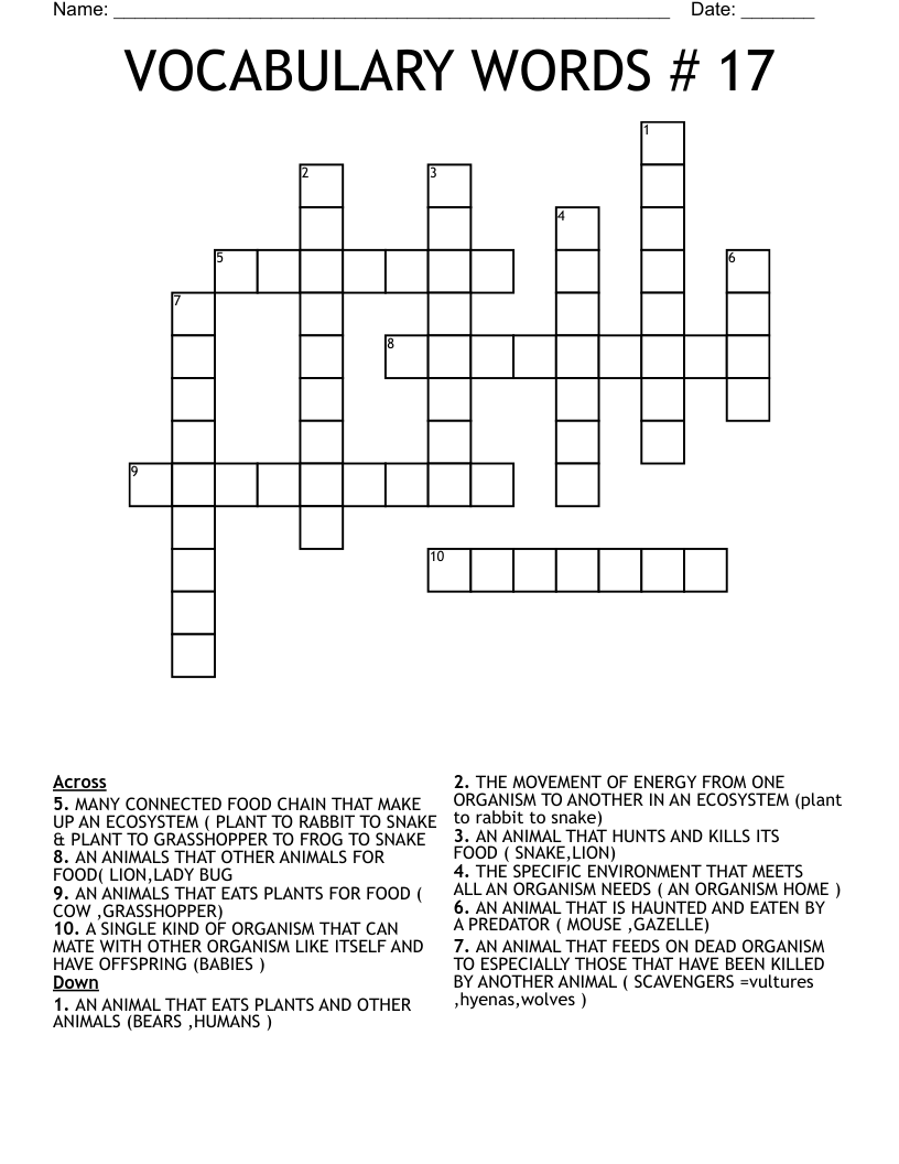 VOCABULARY WORDS # 17 Crossword