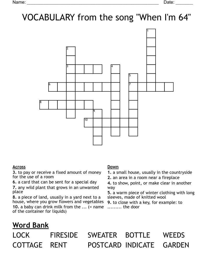 VOCABULARY from the song "When I'm 64" Crossword
