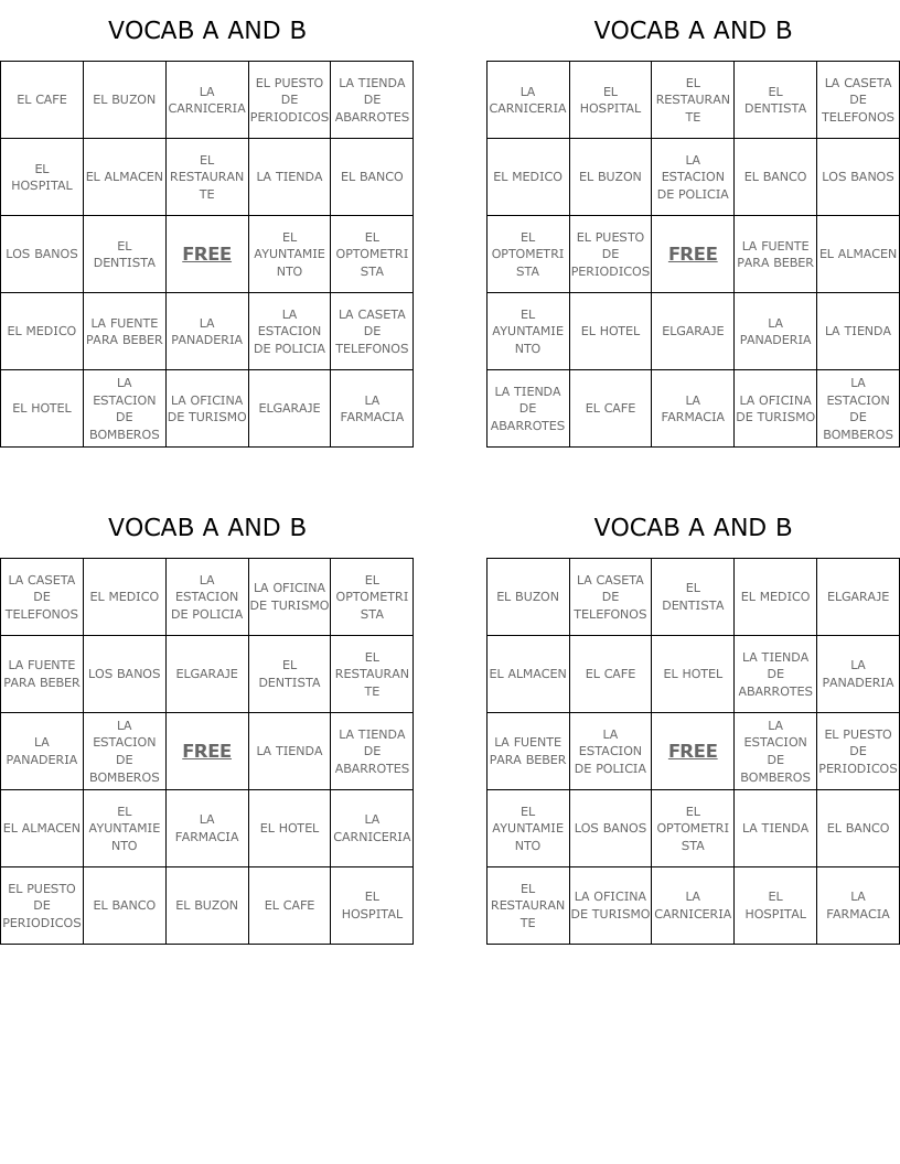 VOCAB A AND B  Bingo Cards