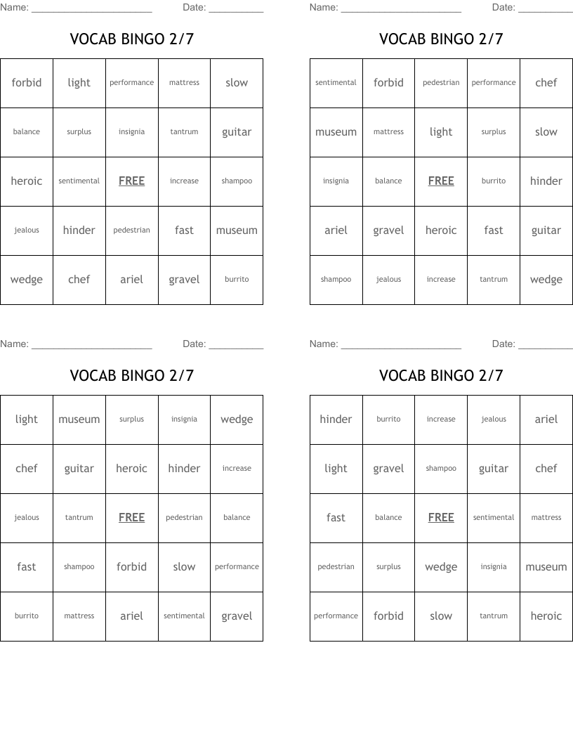 VOCAB BINGO 2/7