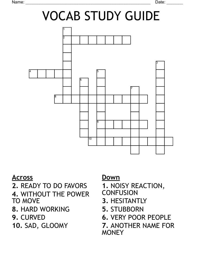 VOCAB STUDY GUIDE Crossword