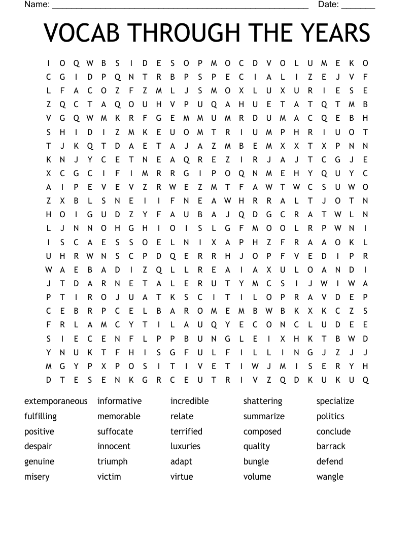 VOCAB THROUGH THE YEARS Word Search