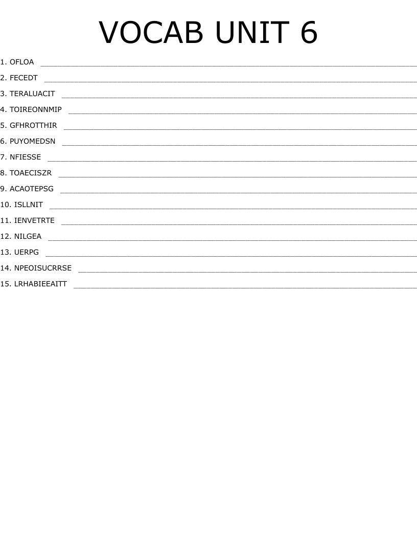VOCAB UNIT 6 Word Scramble