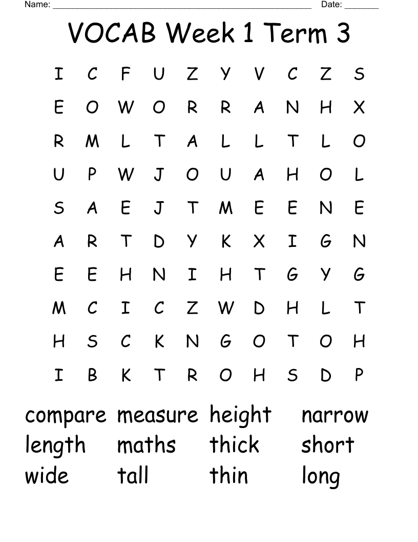 VOCAB Week 1 Term 3 Word Search