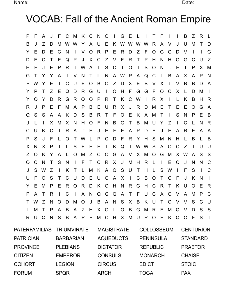 VOCAB:  Fall of the Ancient Roman Empire Word Search