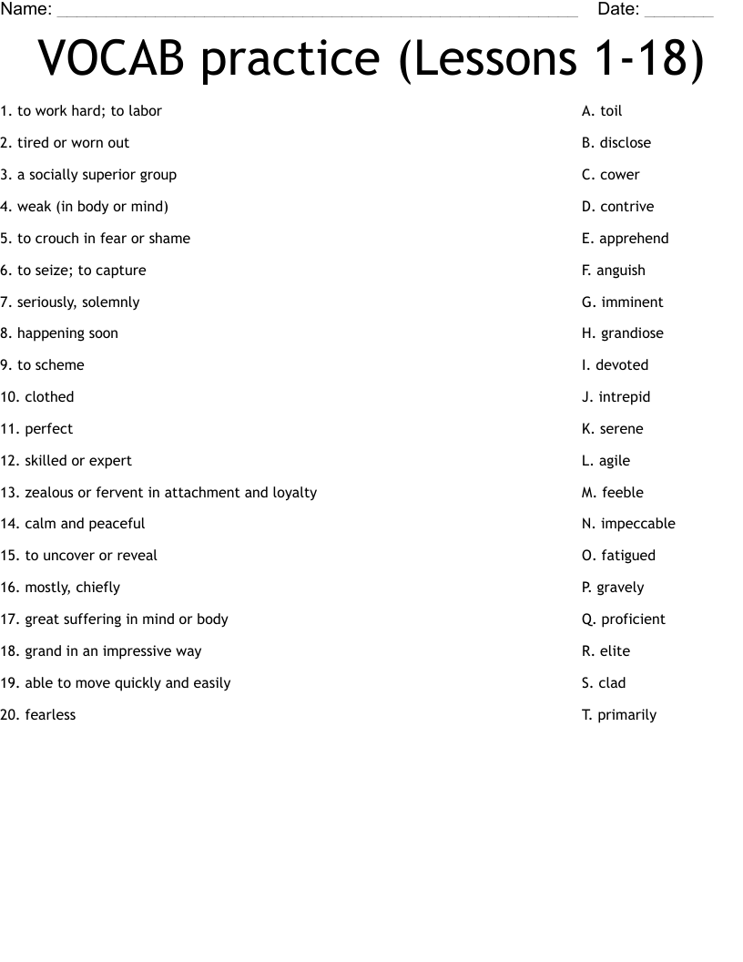 VOCAB practice (Lessons 1-18) Worksheet
