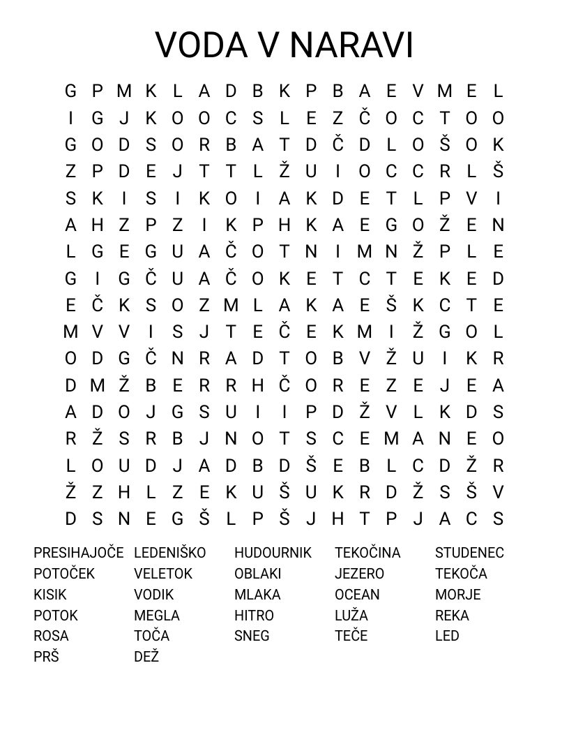 VODA V NARAVI Word Search