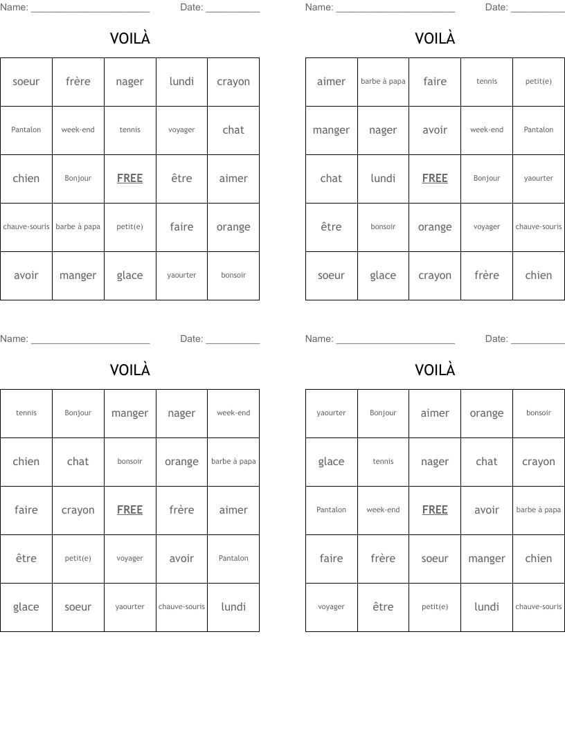 VOILÀ Bingo Cards