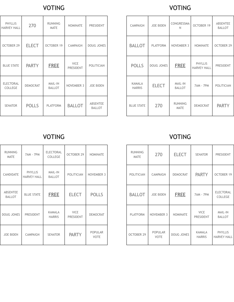 VOTING Bingo Cards