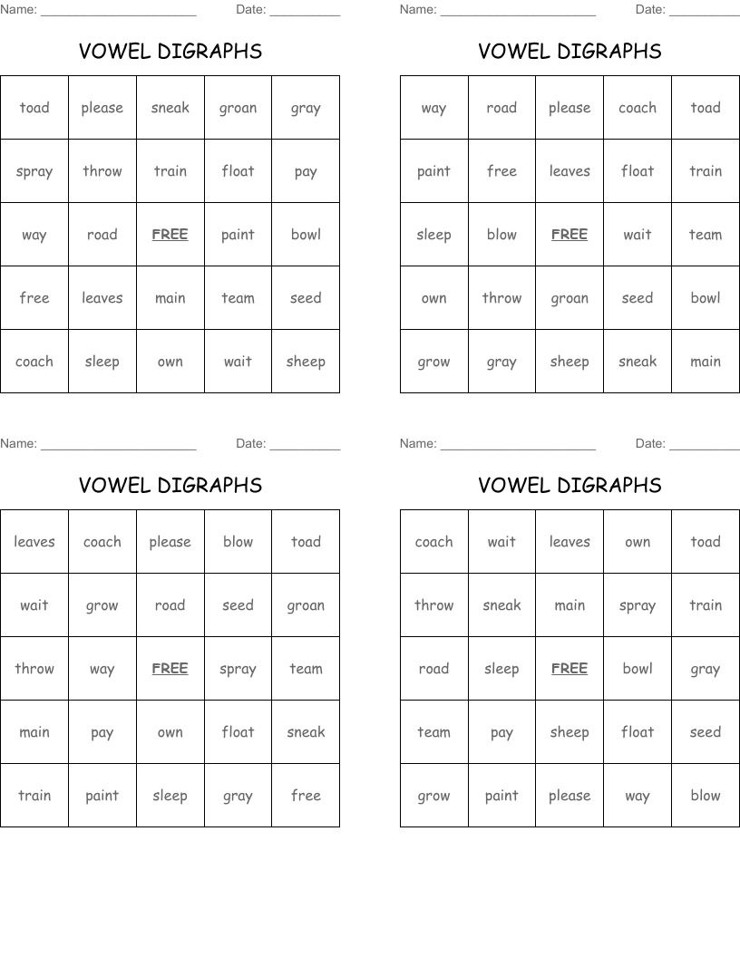 VOWEL DIGRAPHS Bingo Cards