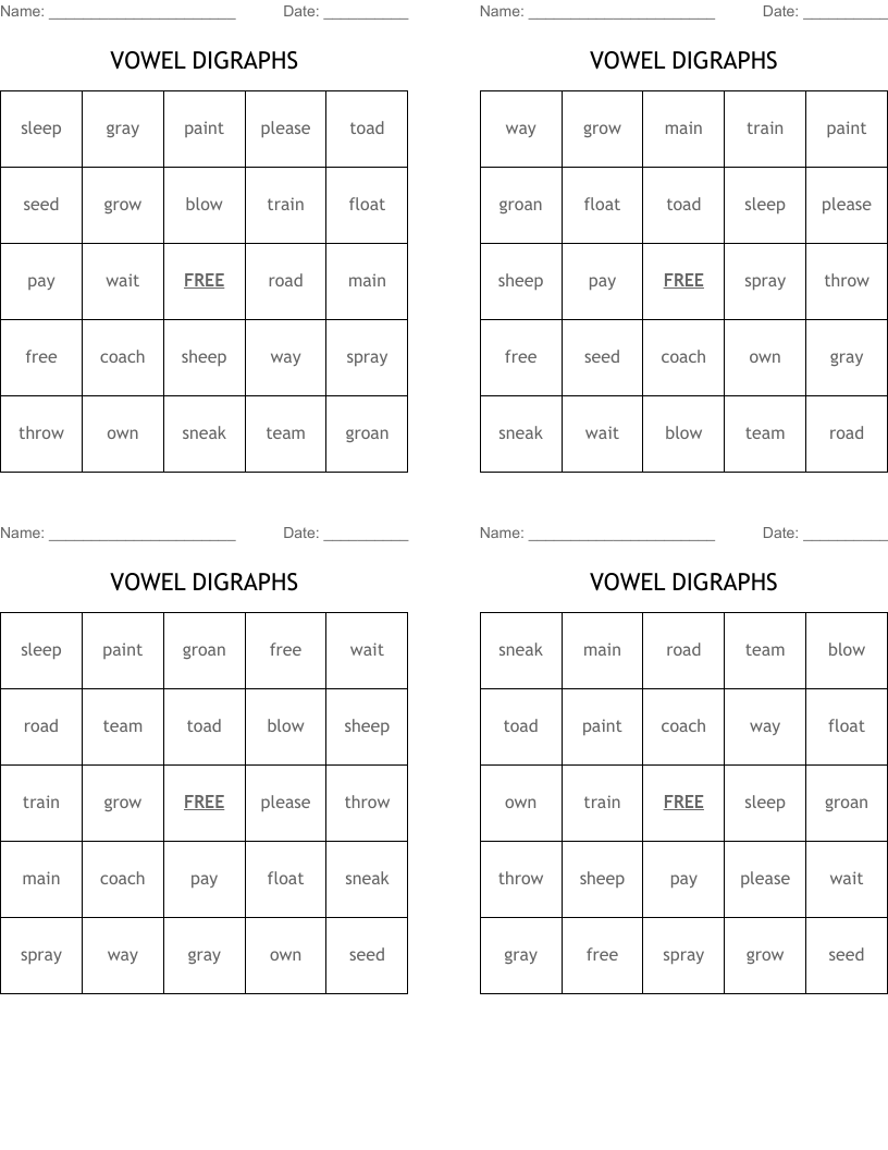 VOWEL DIGRAPHS Bingo Cards