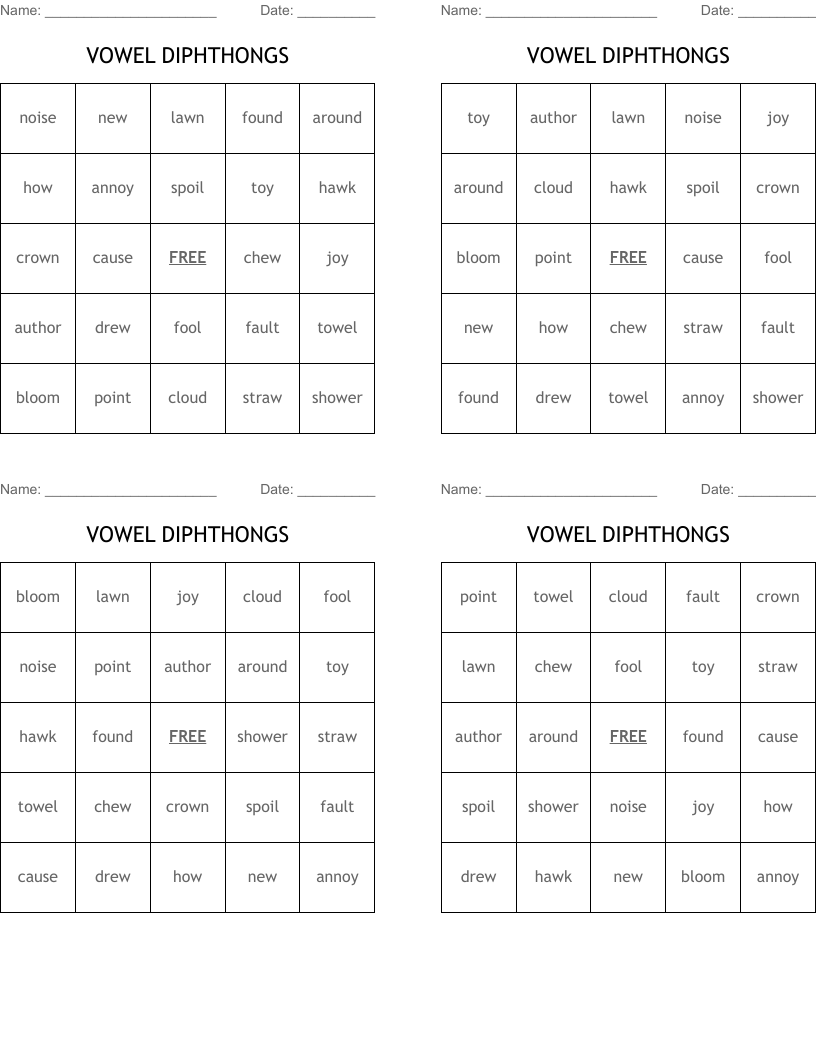 VOWEL DIPHTHONGS Bingo Cards