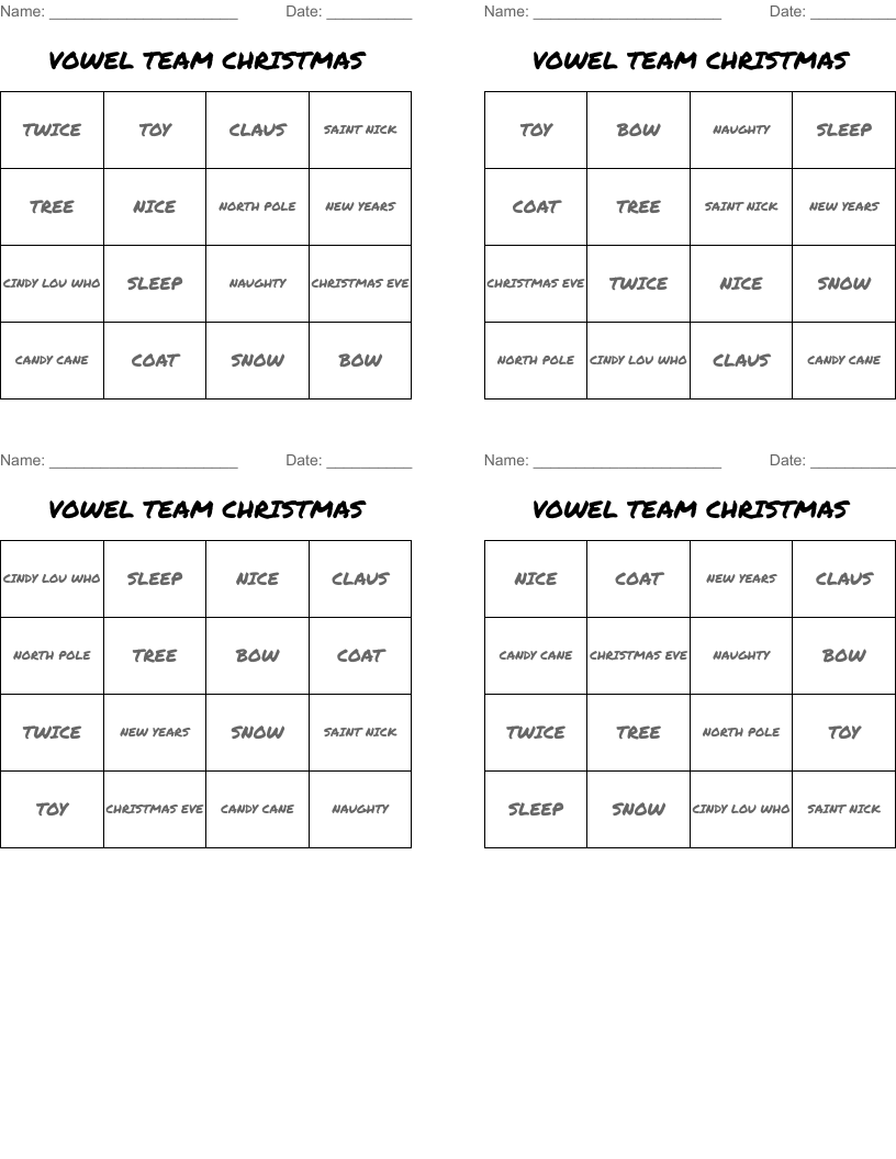 VOWEL TEAM CHRISTMAS Bingo Cards