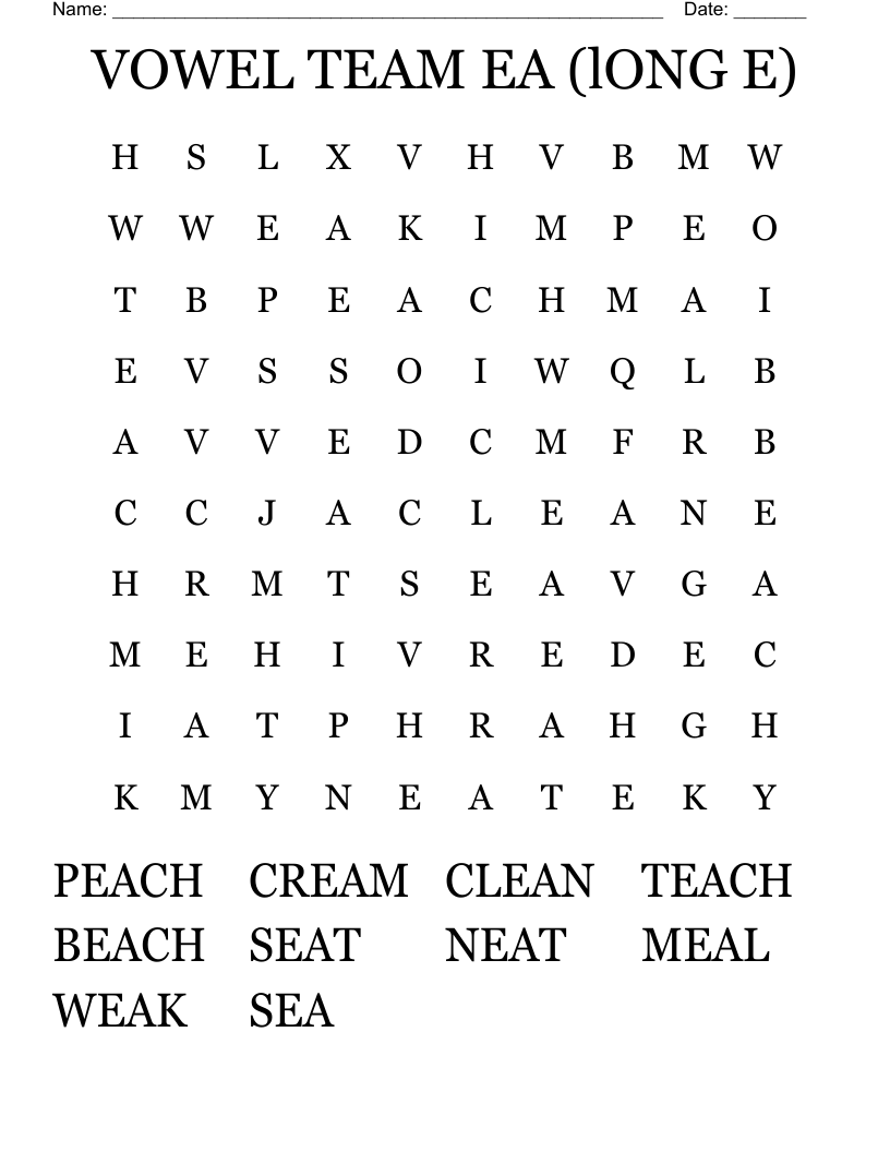 VOWEL TEAM EA (lONG E) Word Search