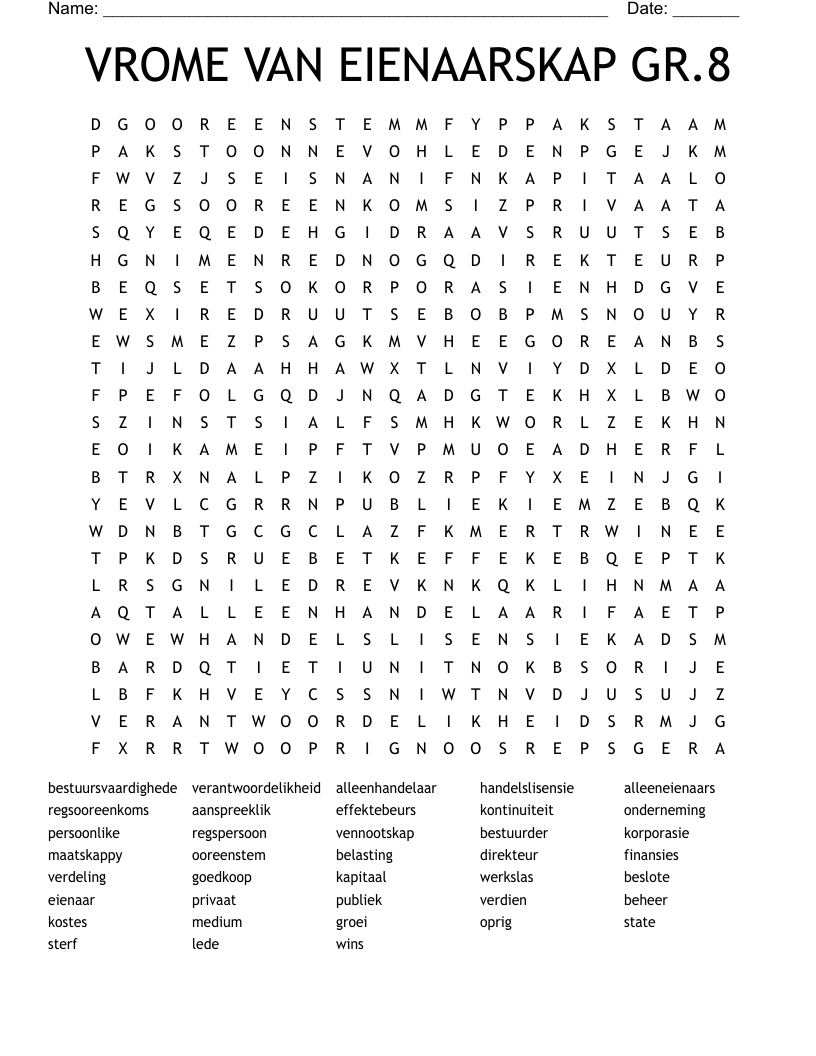 VROME VAN EIENAARSKAP GR.8 Word Search