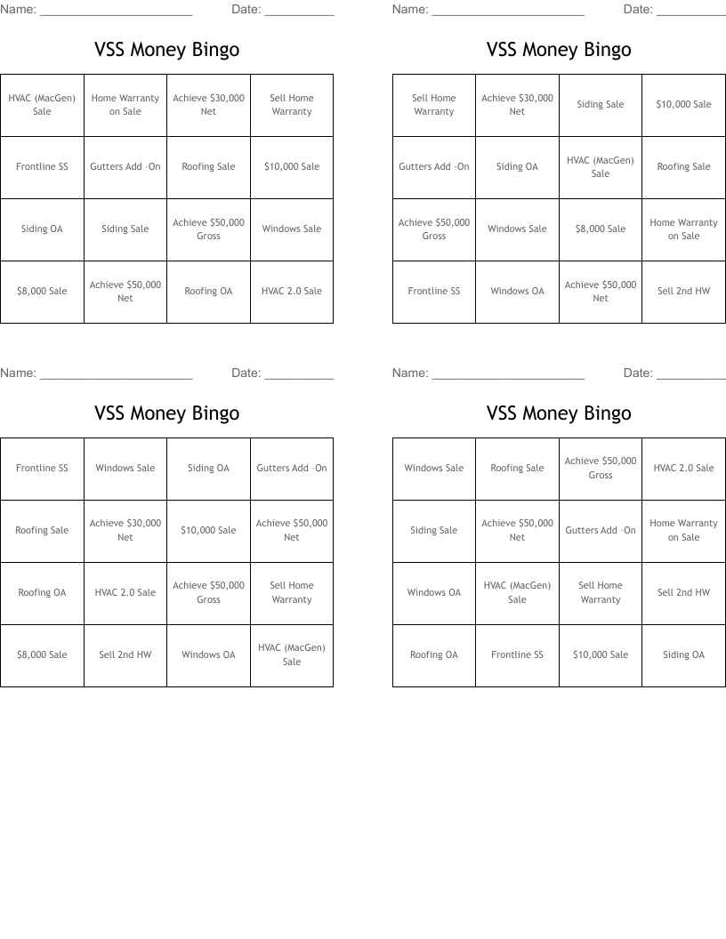 VSS Money Bingo